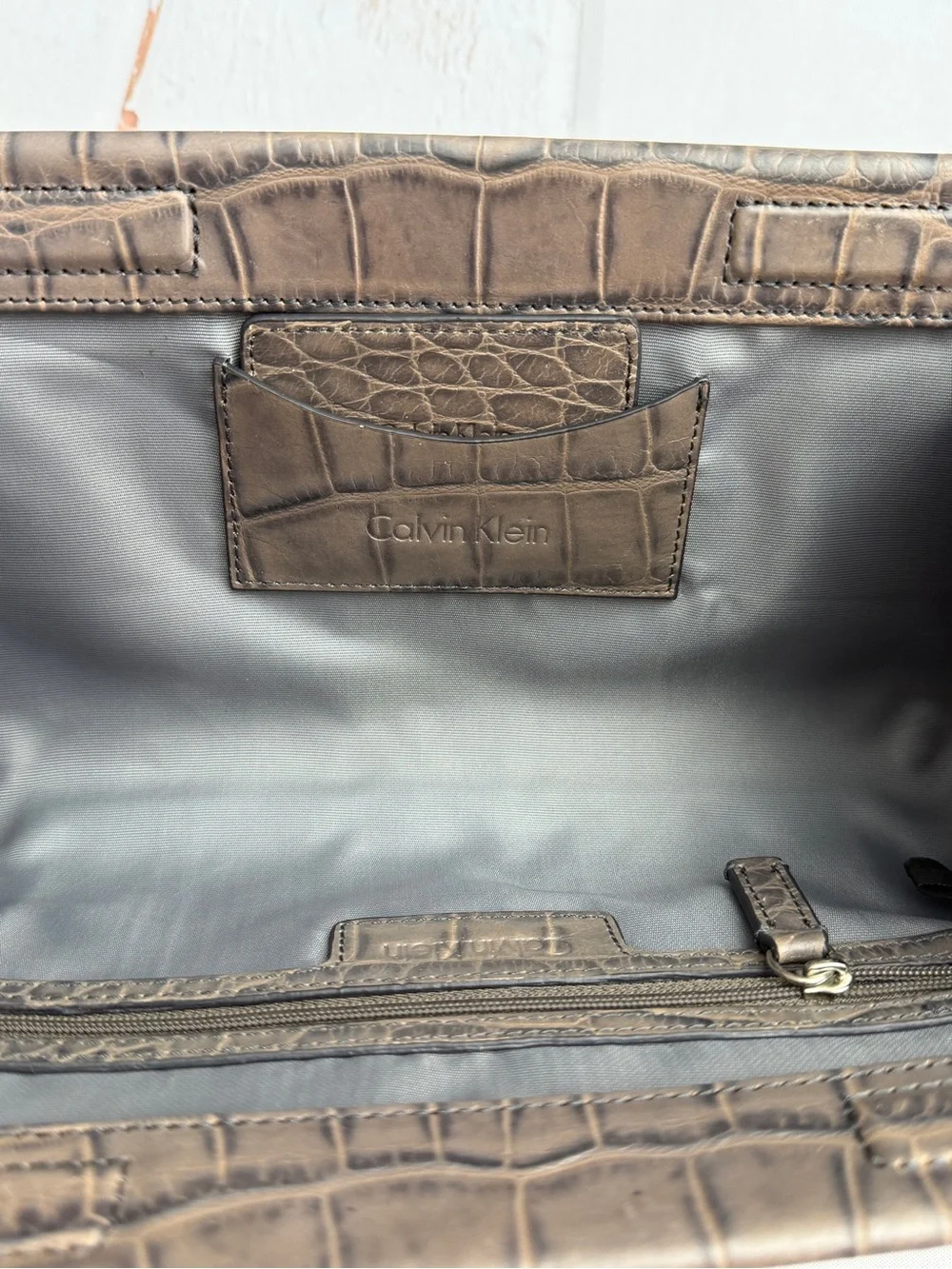 Calvin Klein Croc Embossed Clutch Bag Brown Gray Portfolio Handbag